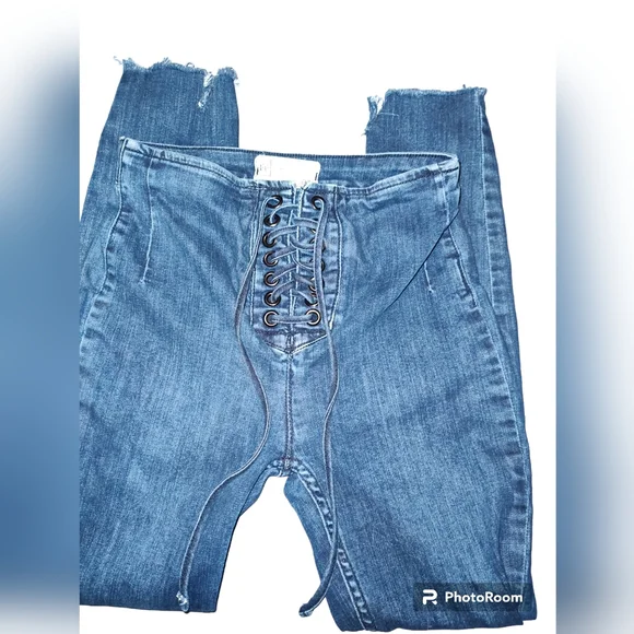 Free People Lace up High Rise Skinny Stretch Denim Jeggings Boho Whimsigoth 26 - Picture 2 of 11